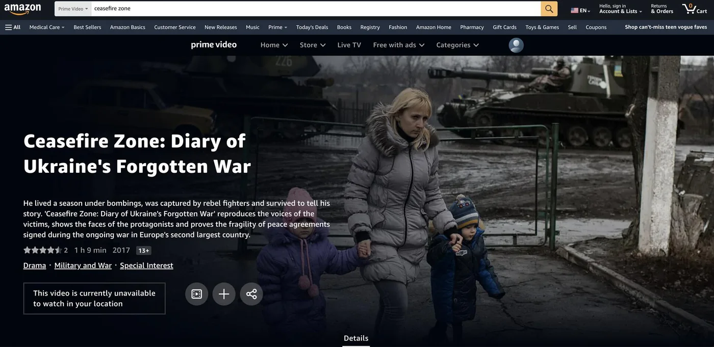 Ceasefire Zone documentary page showing a family walking near military vehicles in Ukraine