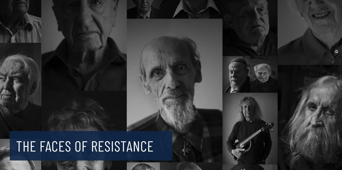 Black-and-white collage of resistance interview portraits